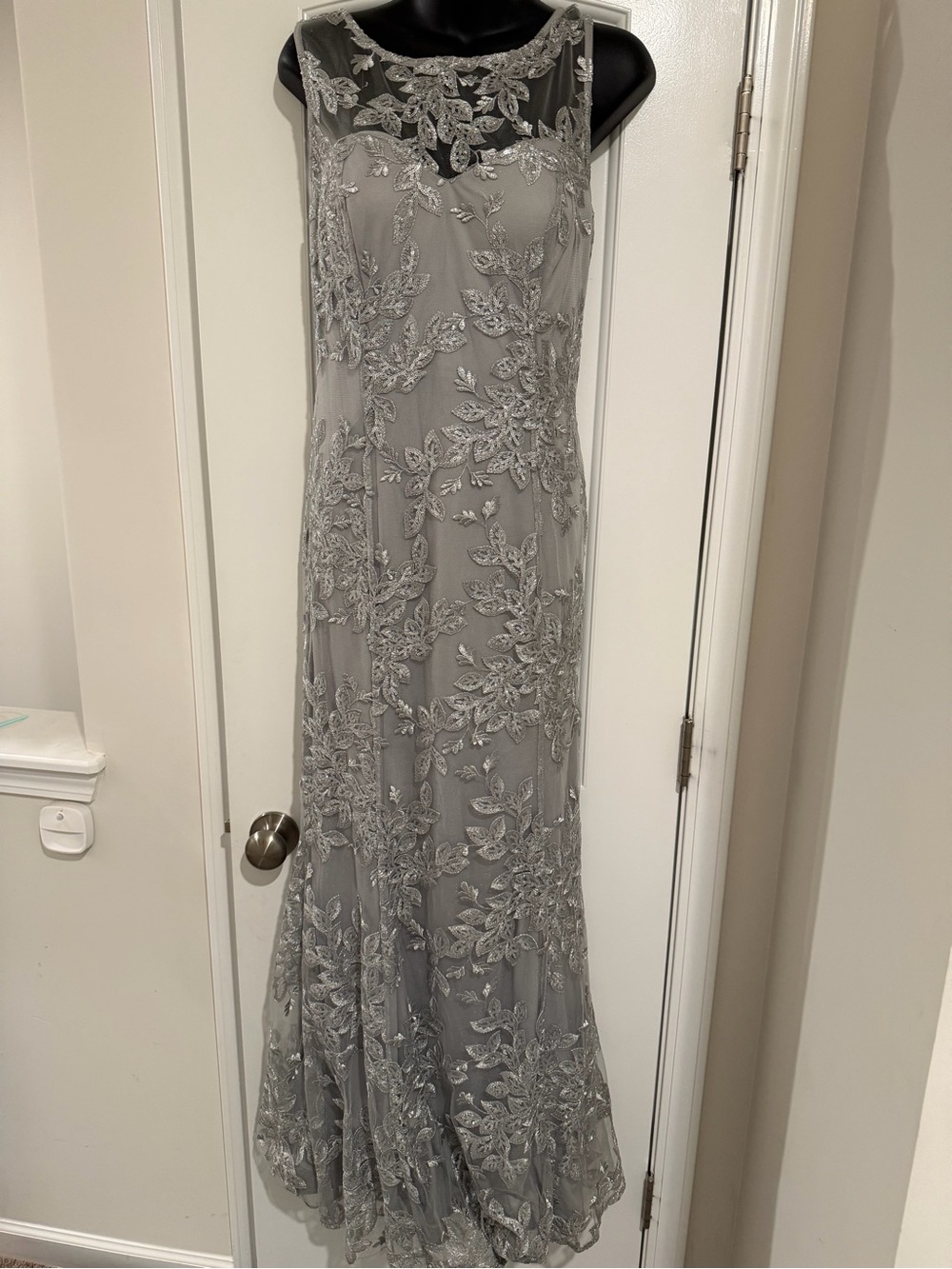 Elegant Silver Lace Appliqué Maxi Dress